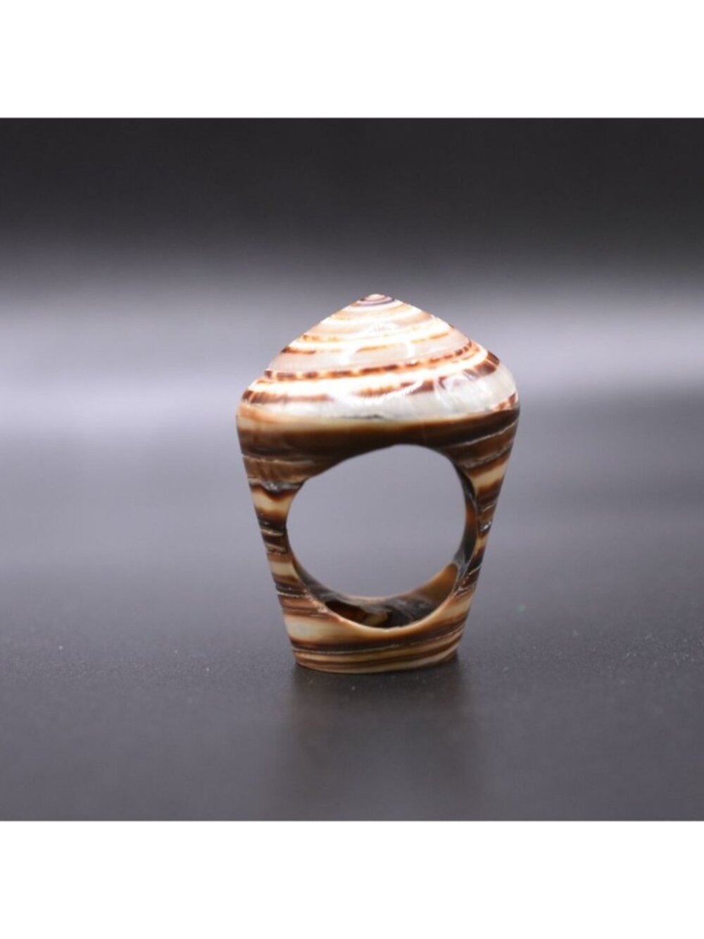 Handcrafted Brown & White Spiral Shell Ring - 3.5cm Tall - Unique Natural Design